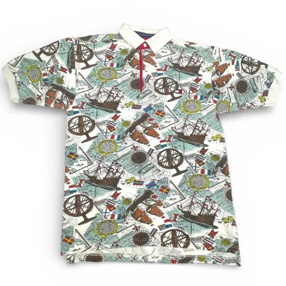 Vintage 90s Tommy Hilfiger Nautical Map AOP Polo Shirt Small S Sailboat - Picture 1 of 7